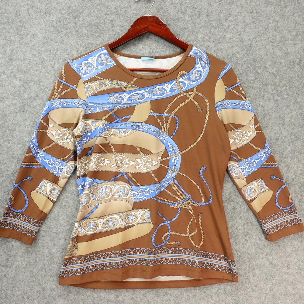 J McLaughlin Top Womens MEDIUM Brown Chain Horse Blue Nautical Equestrian Rope
